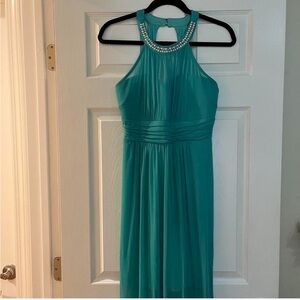 Floor length aqua evening dress